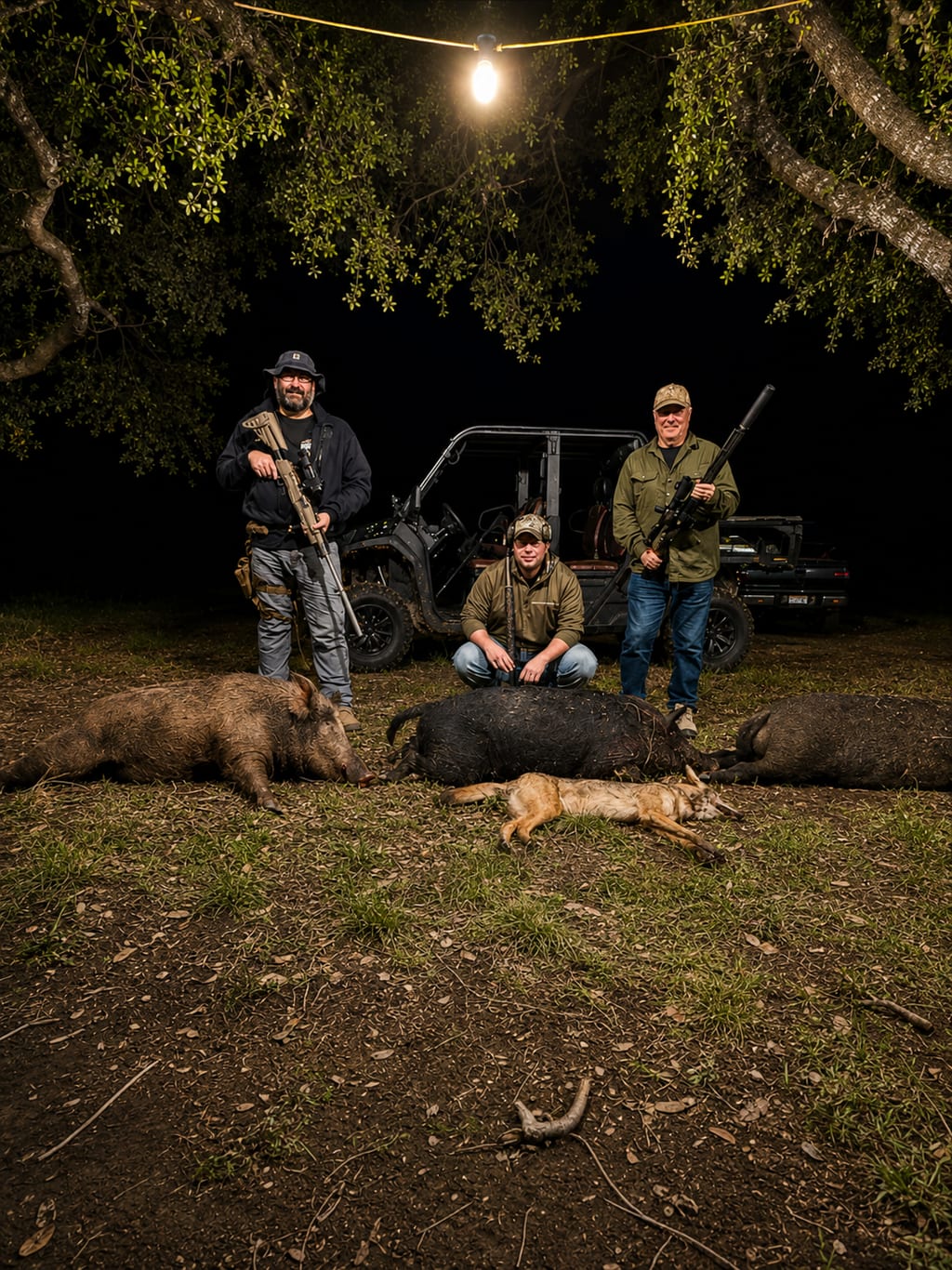 Night scene with hunters and harvested hogs